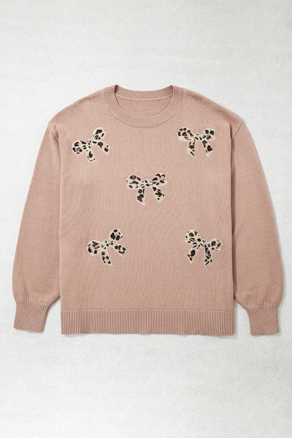 Dark Khaki Leopard Bow Embroidery Drop Shoulder Tunic Plus Size Sweater 🇺🇸