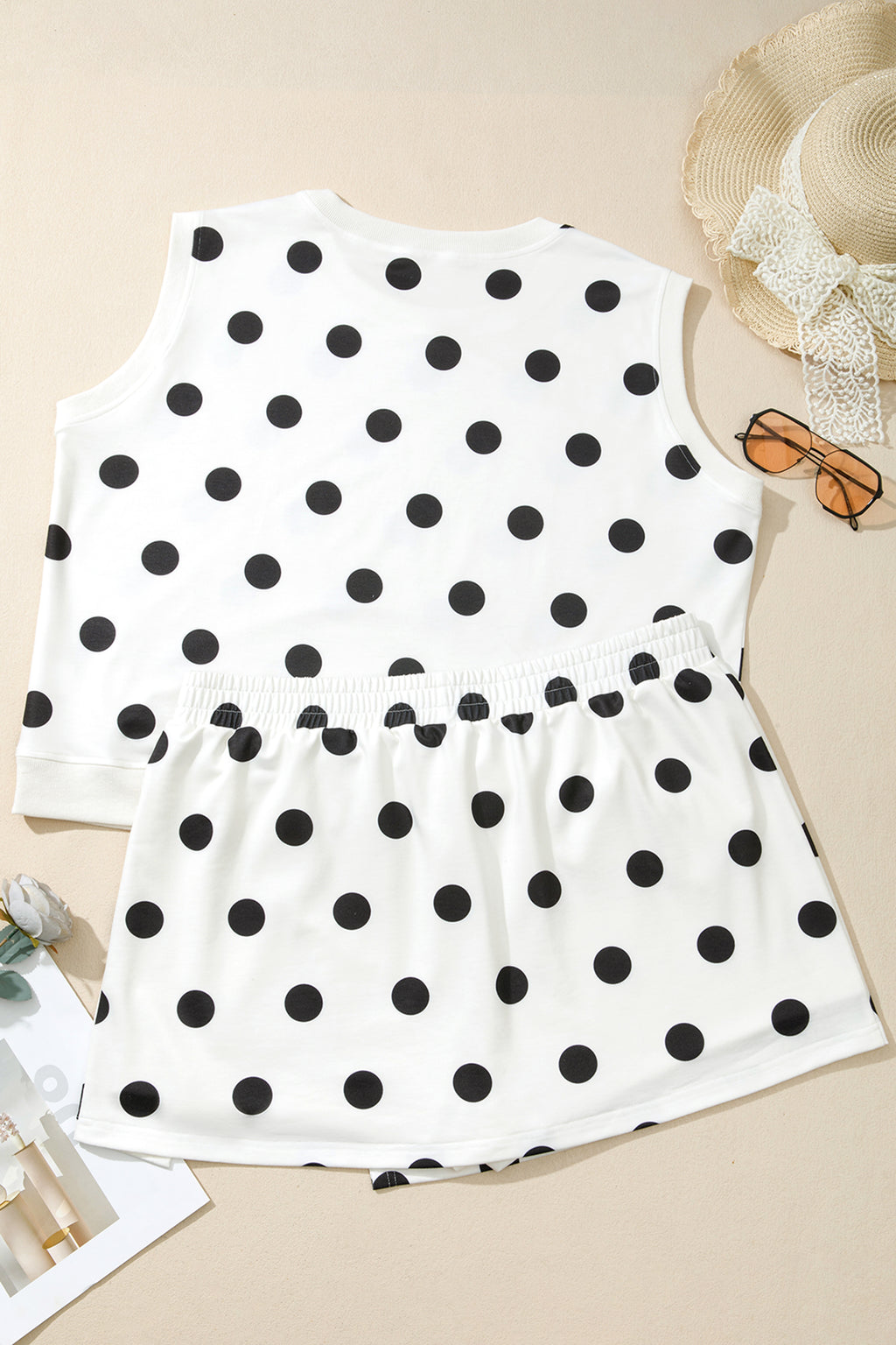 White Plus Size Polka Dot Printed Tank Split Skort 2pcs Outfit 🇺🇸
