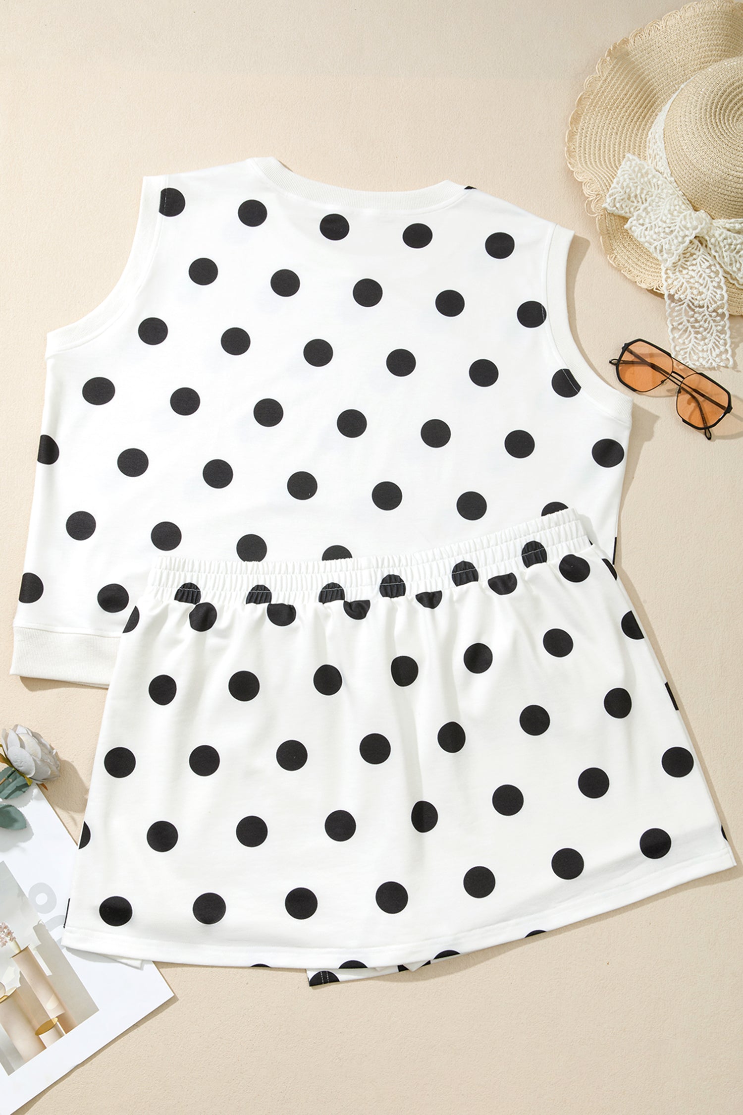 White Plus Size Polka Dot Printed Tank Split Skort 2pcs Outfit 🇺🇸