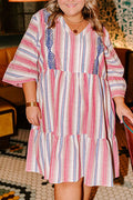 White Stripe Plus Size Embroidered Detail Flared 3/4 Sleeve V Neck Dress 🇺🇲
