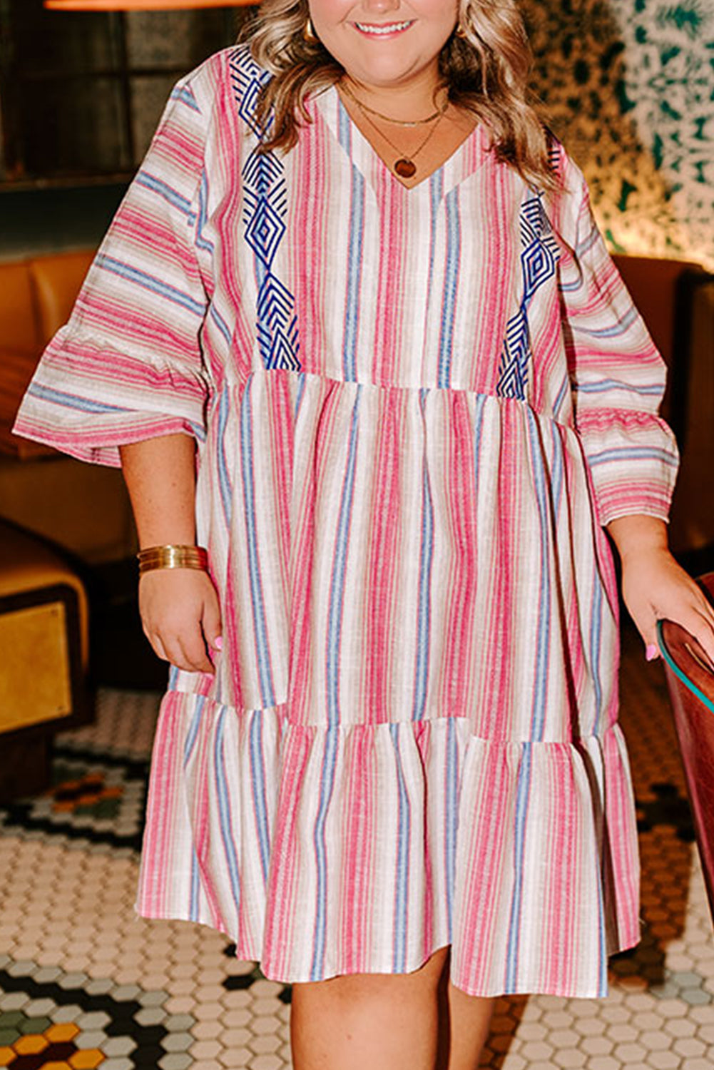 White Stripe Plus Size Embroidered Detail Flared 3/4 Sleeve V Neck Dress 🇺🇲