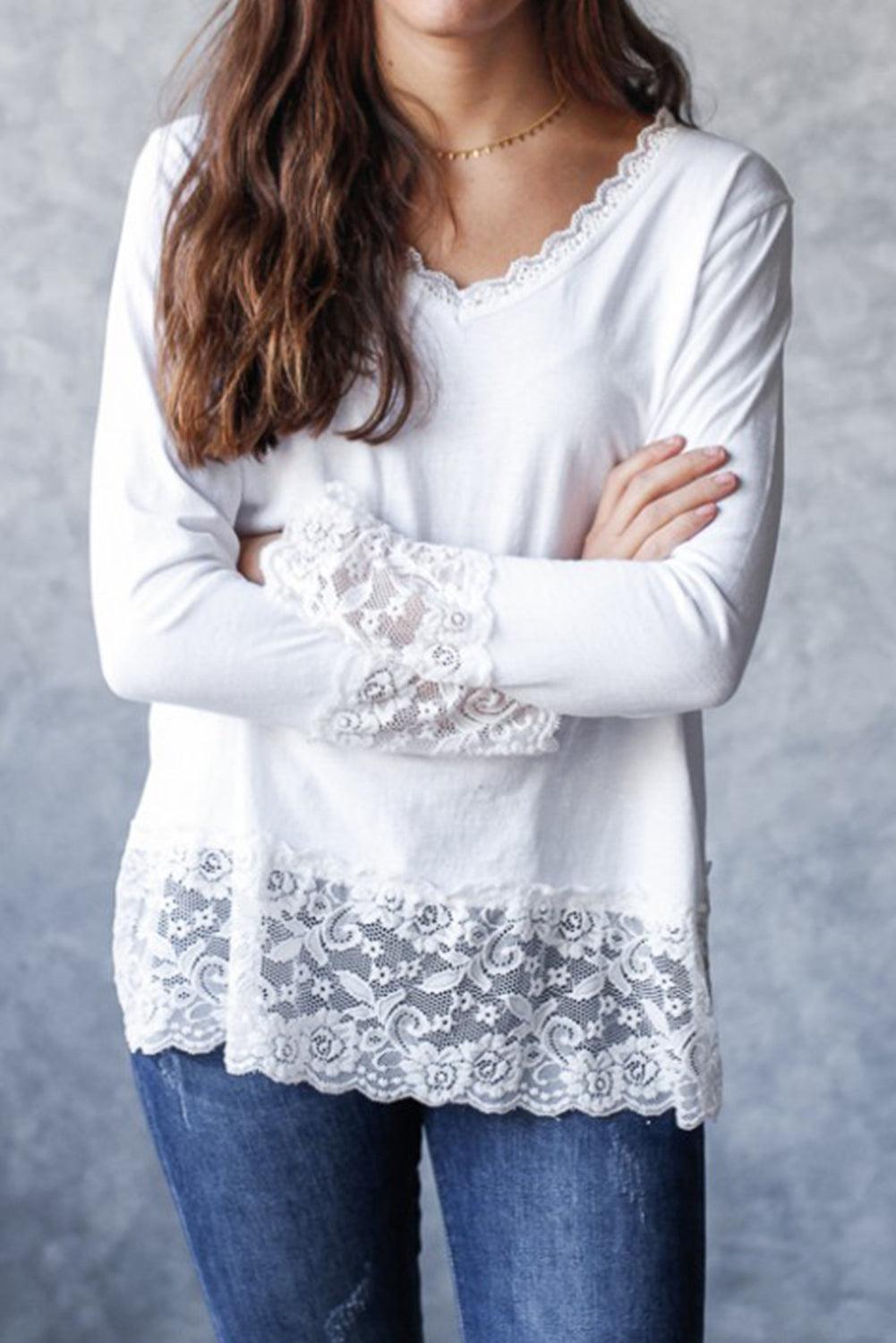 White Lace Trim V Neck Cuffed Long Sleeve Loose Top 🇺🇸