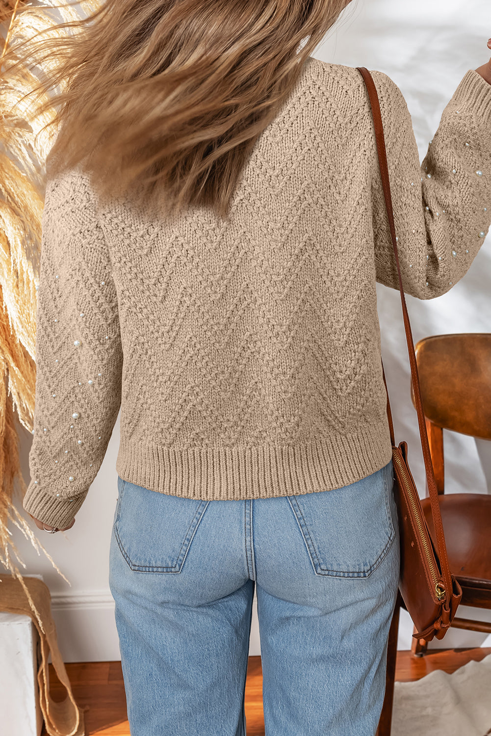 Smoke Gray Pearl Embellished Button Front V Neck Sweater Cardigan 🇺🇸