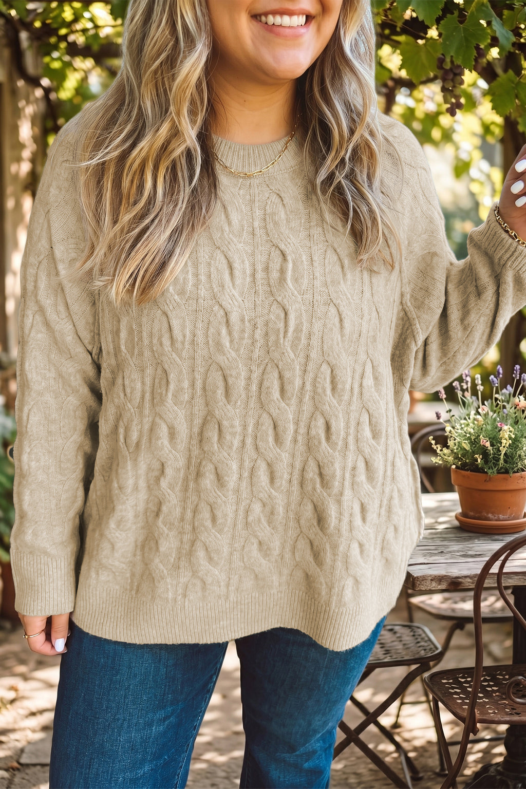 Parchment Oversized Cable Knit Long Sleeve Round Neck Tunic Length Plus Size Sweater 🇺🇸