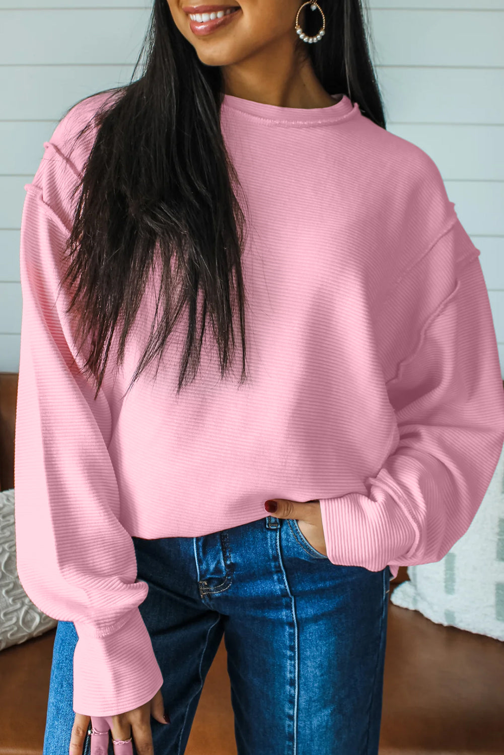 Pink Horizontal Ribbed Exposed Seam Detail Drop Shoulder Baggy Pullover 🇺🇸