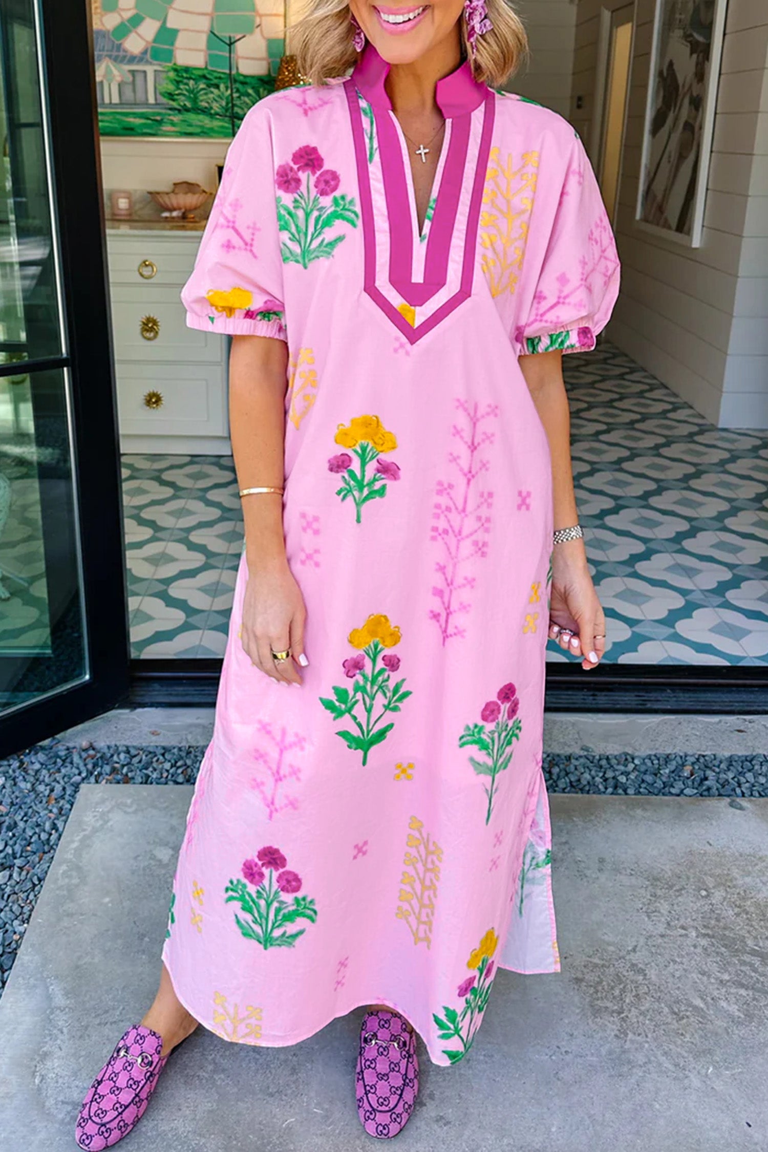 Pink Floral Print Short Sleeve Colorblock Trim V Neck Midi Dress 🇺🇸