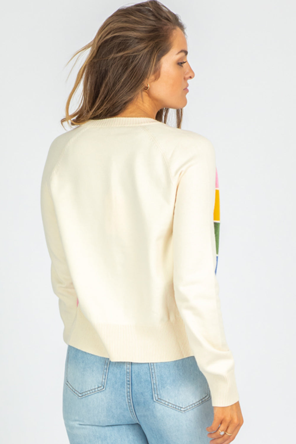 White Stripe Colorful Pattern Button Front Sweater Cardigan 🇨🇳