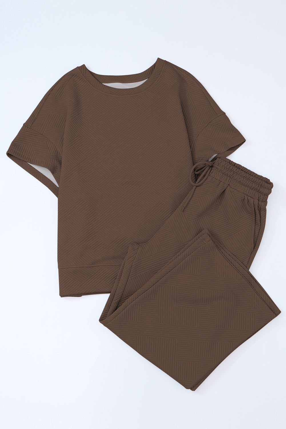 Brown Textured Loose Fit T Shirt and Drawstring Pants Set 🇨🇳