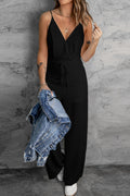 Black Solid Spaghetti Strap Wide Leg Drawstring High Waist Jumpsuit  🇺🇸