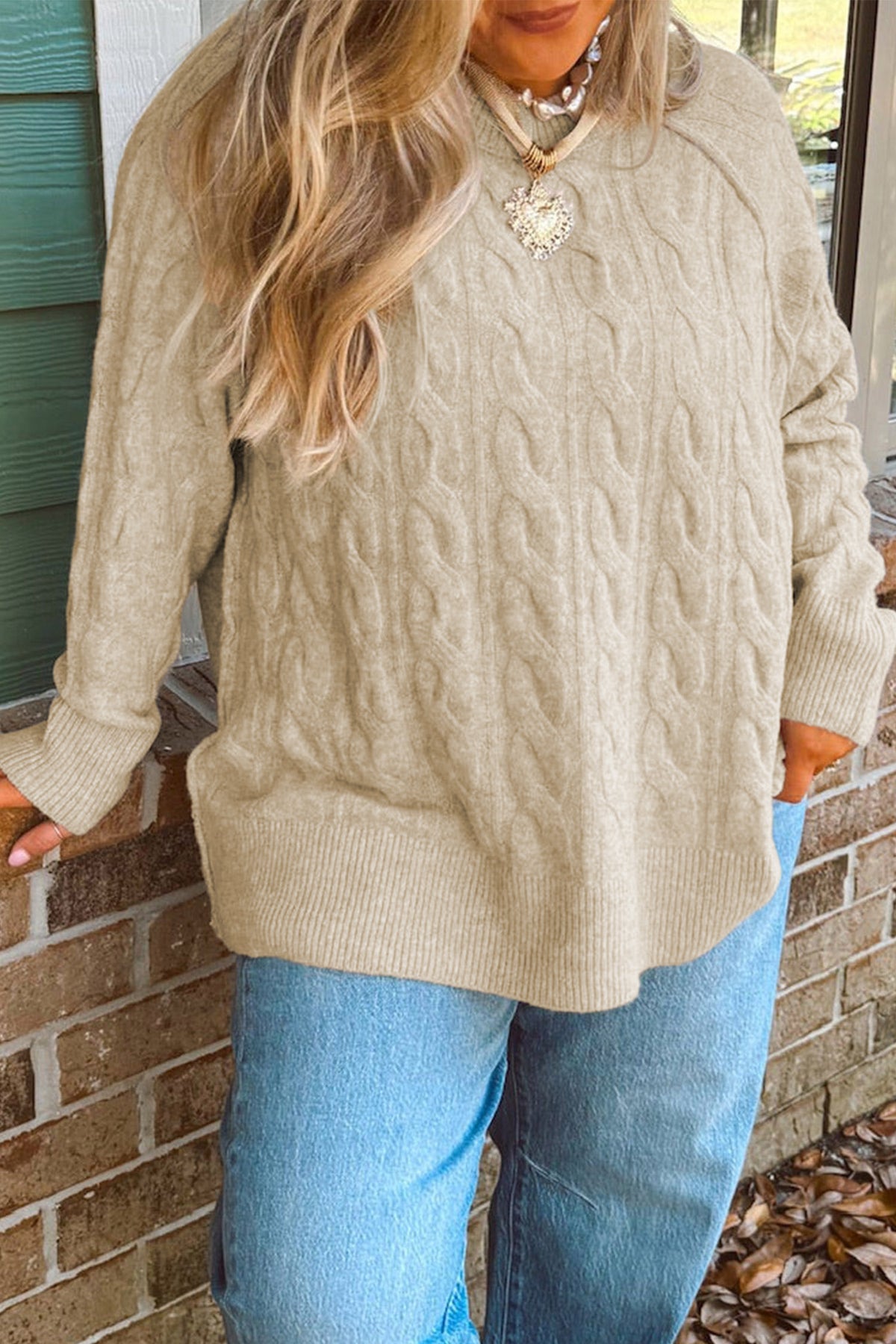 Parchment Oversized Cable Knit Long Sleeve Round Neck Tunic Length Plus Size Sweater 🇺🇸