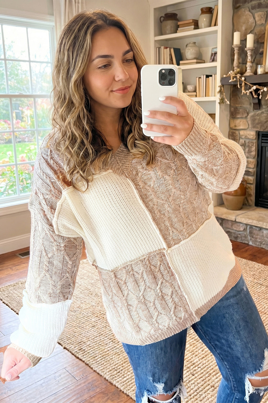 Parchment Colorblock V Neck Long Sleeve Tunic Loose Fit Plus Size Sweater 🇺🇸