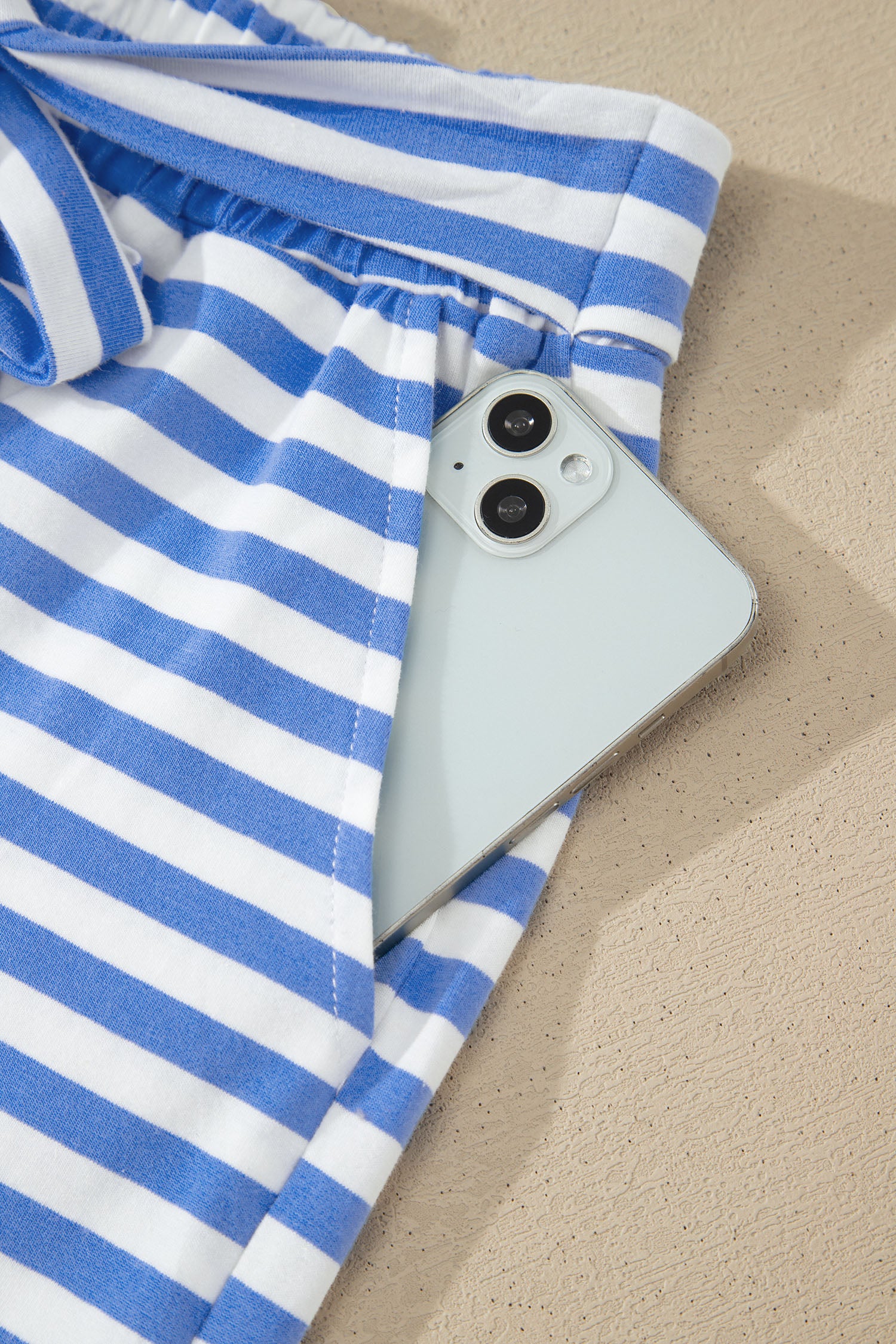 Sky Blue Stripe Contrast Trim Crew Neck Tee Knot Shorts 2pcs Set 🇺🇸