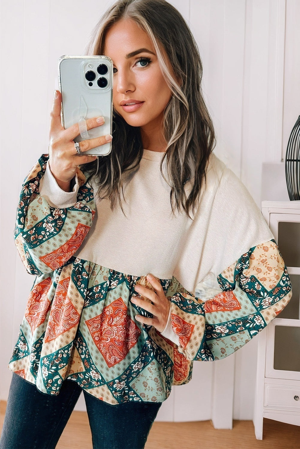 Jet Stream Paisley Geometric Patchwork Crew Neck Loose Fit Top 🇺🇸