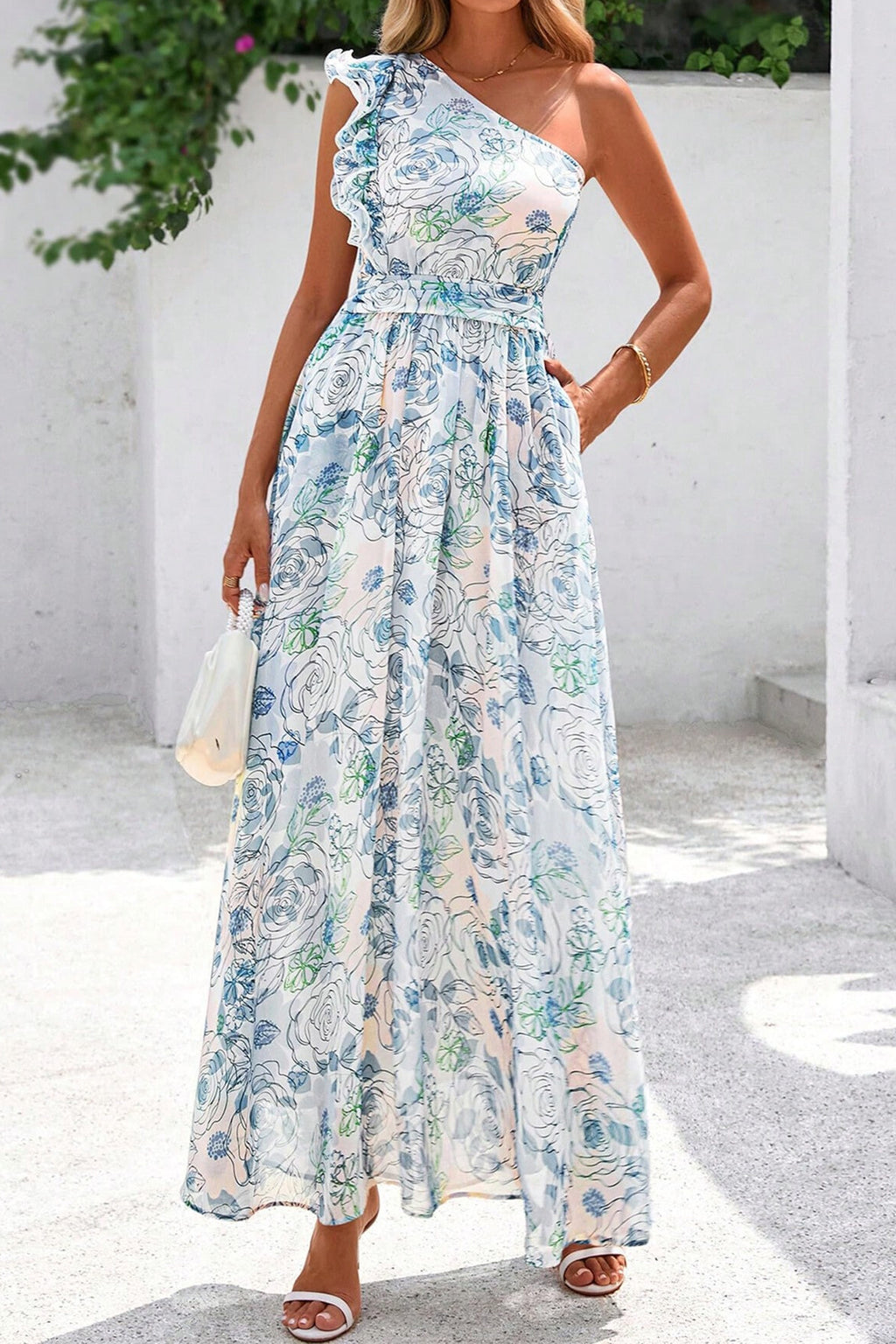 Sky Blue Floral Print Ruffled One Shoulder Vacation Maxi Dress 🇺🇸