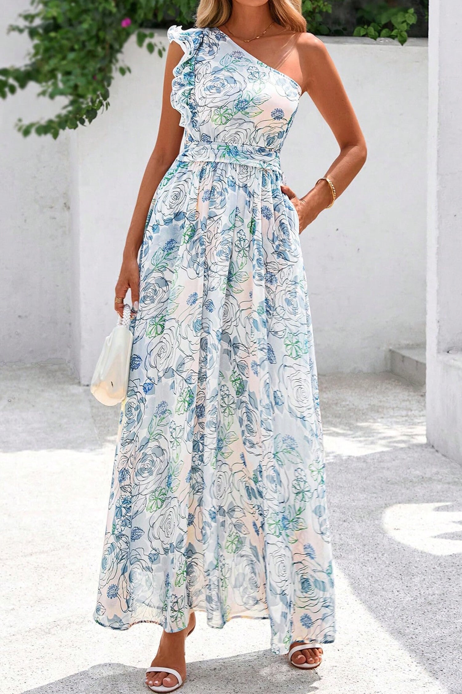 Sky Blue Floral Print Ruffled One Shoulder Vacation Maxi Dress 🇺🇸