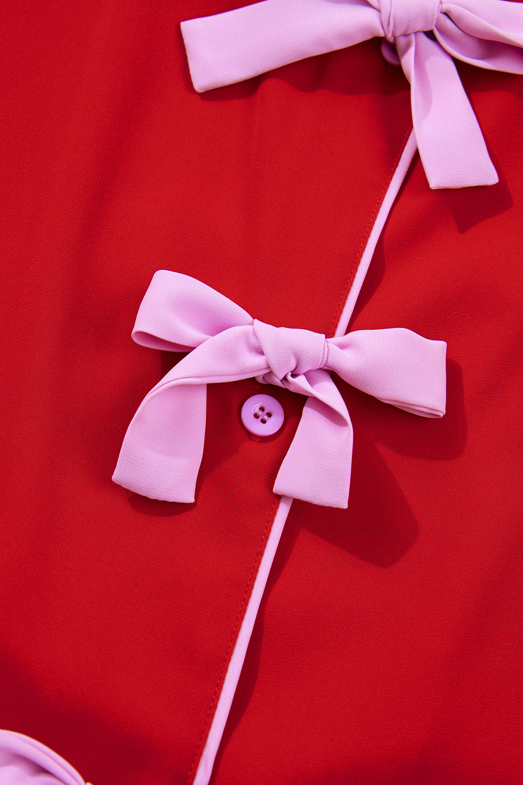 Fiery Red Contrast Trim Ribbon Bow Short Silky 2pcs Pajama Set 🇺🇸