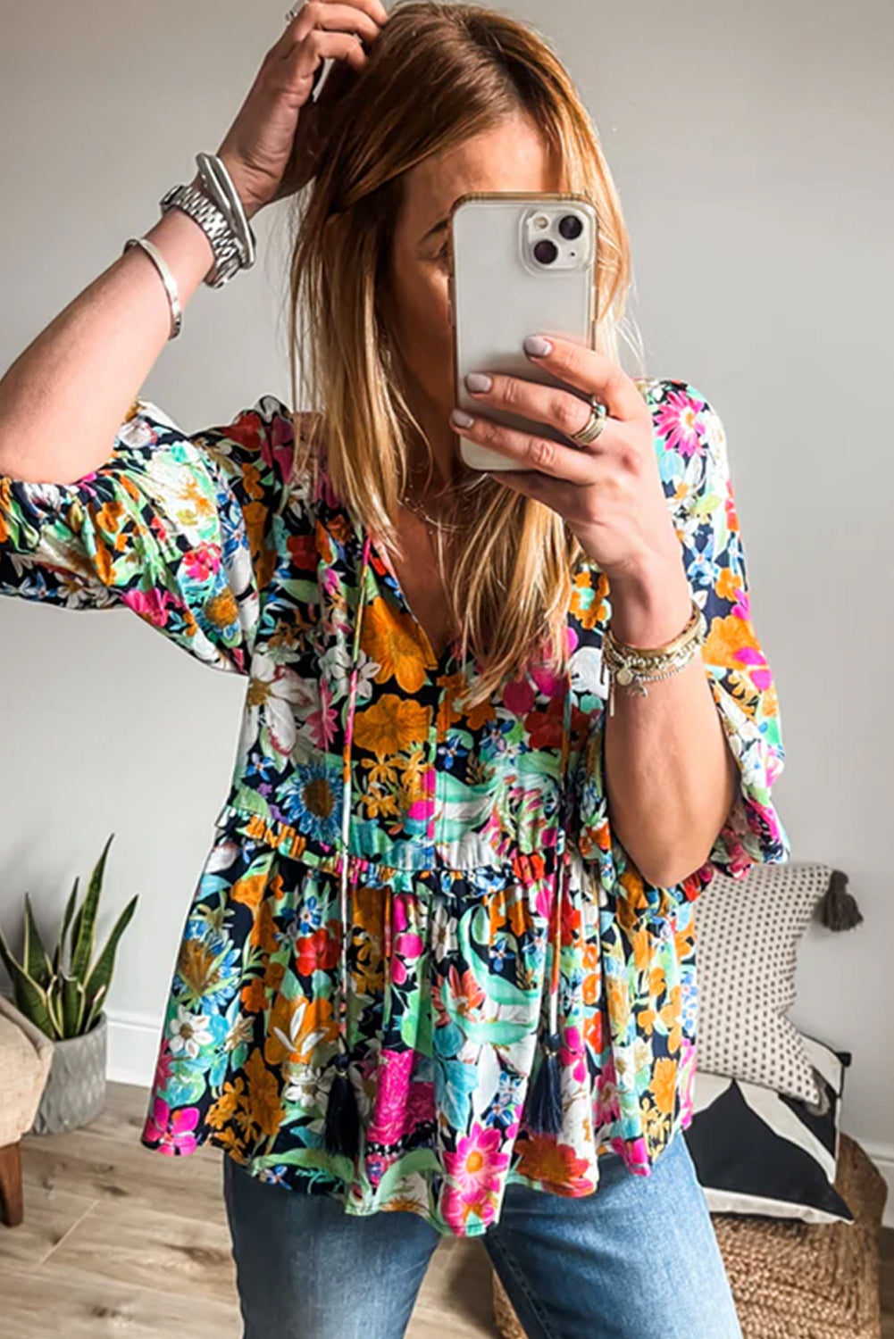Multicolour Floral Print Bubble Sleeve V Neck Ruffled Blouse 🇺🇸