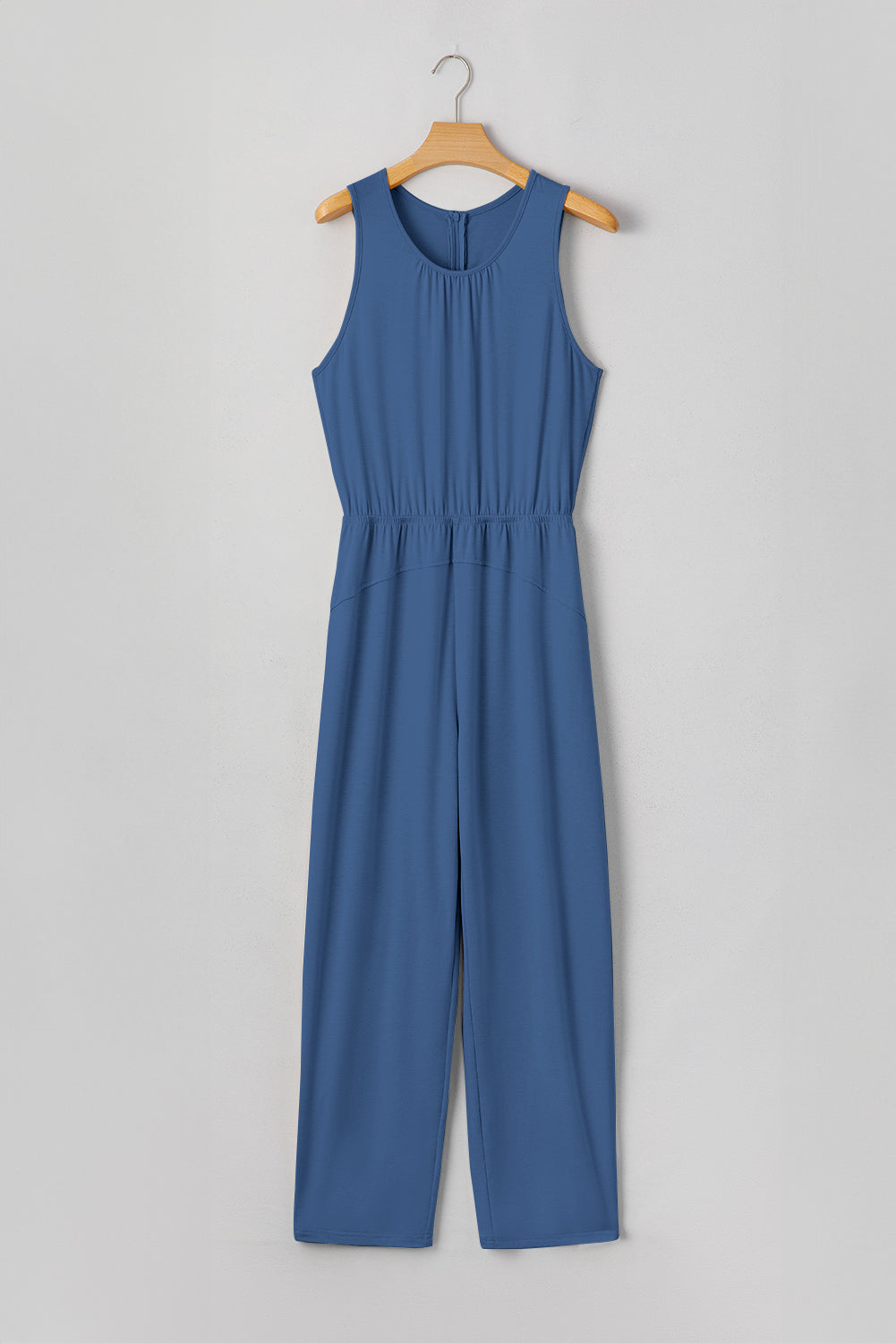 Sail Blue Solid Color Pleated Detail Elastic Waist Sleeveless Jumpsuit 🇺🇸