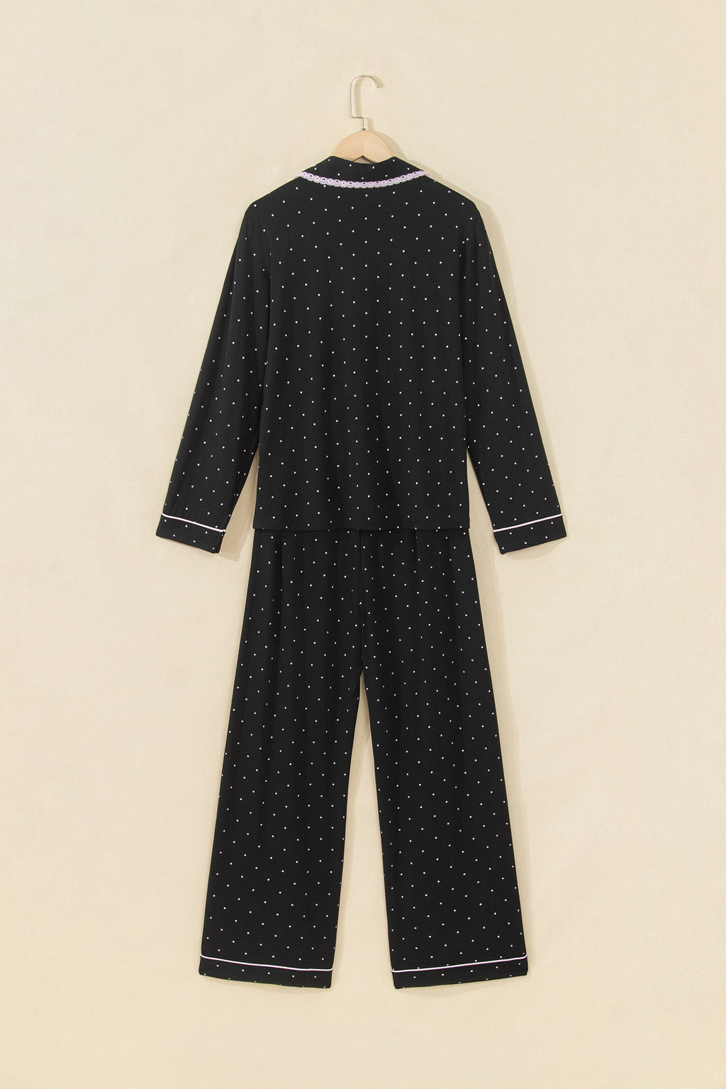Black Polka Dot Long Sleeve Shirt Lace Detail Two Piece Pajama Pant Set 🇺🇸