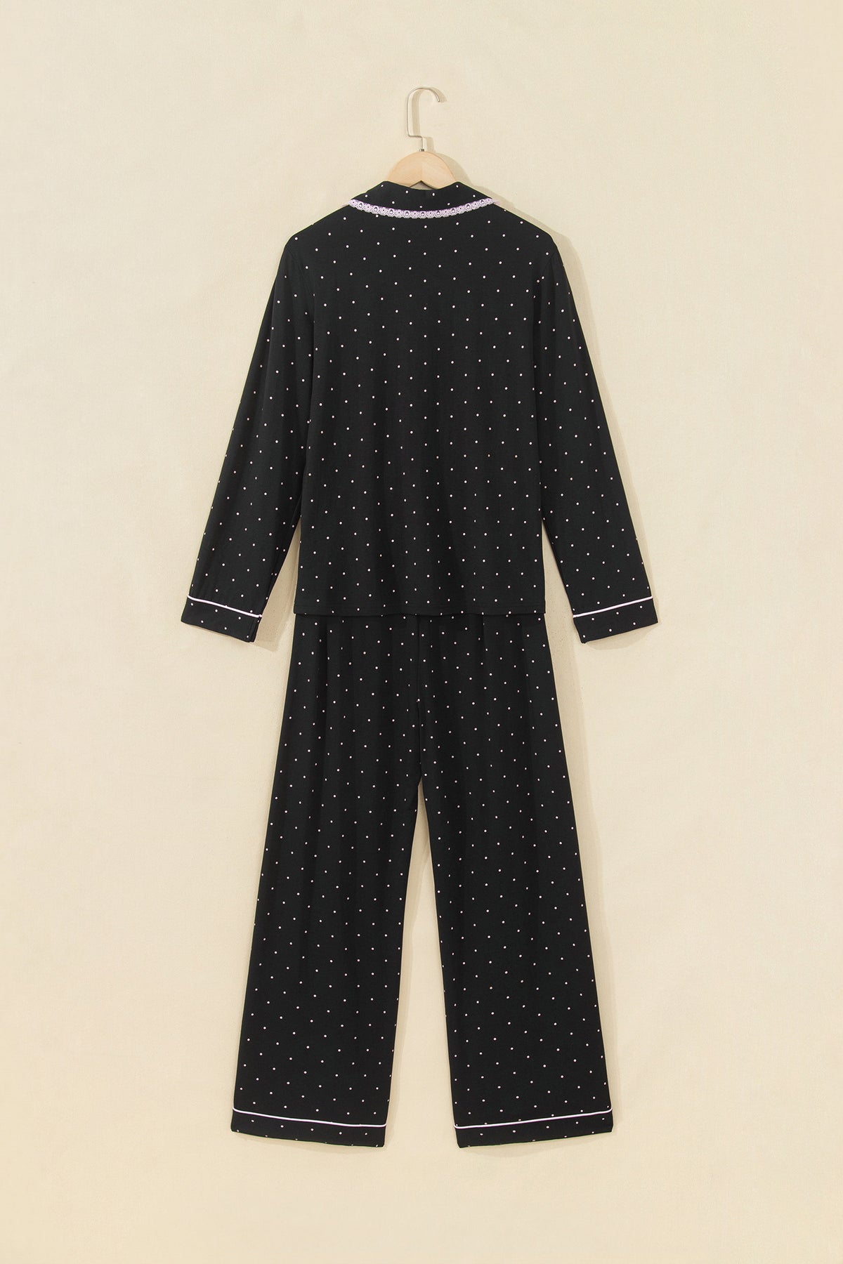 Black Polka Dot Long Sleeve Shirt Lace Detail Two Piece Pajama Pant Set 🇺🇸