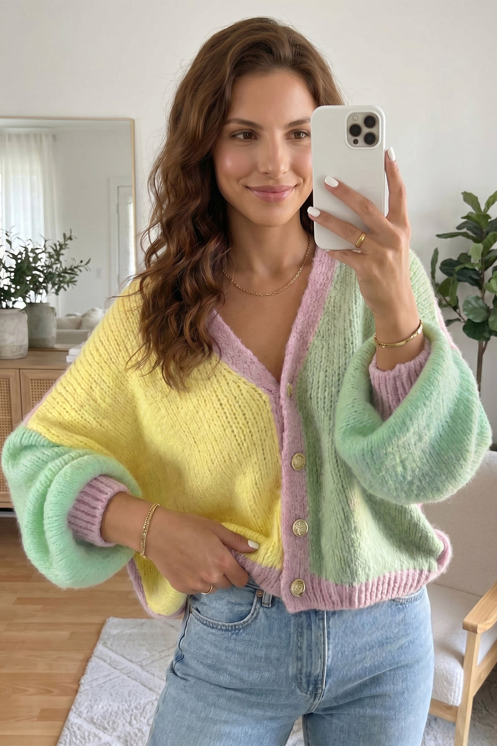 Yellow V Neck Drop Shoulder Patchwork Regular Wash Knitwear Cardigan 🇺🇸