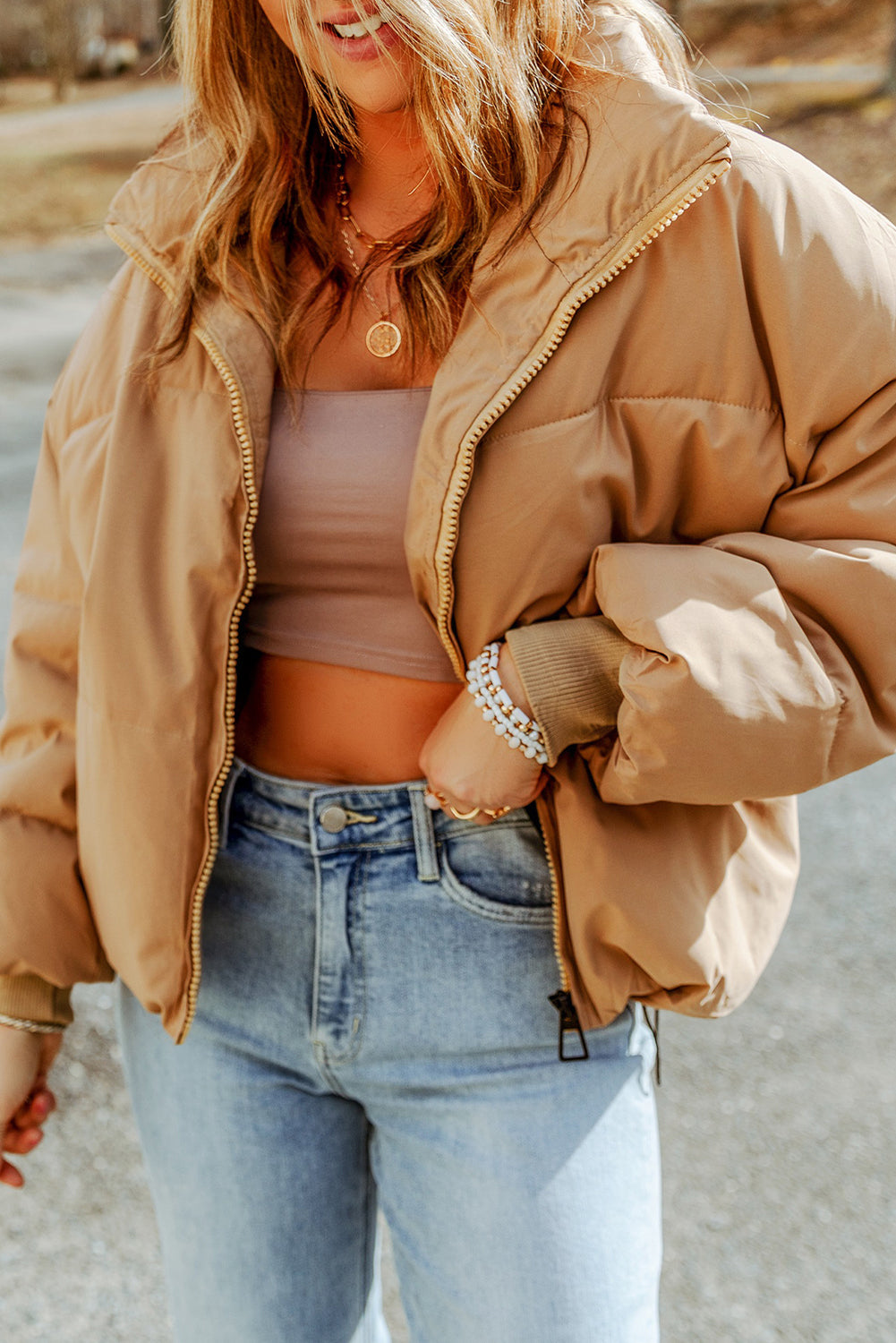 Brown Zip Up Pocketed Puffer Jacket 🇺🇲
