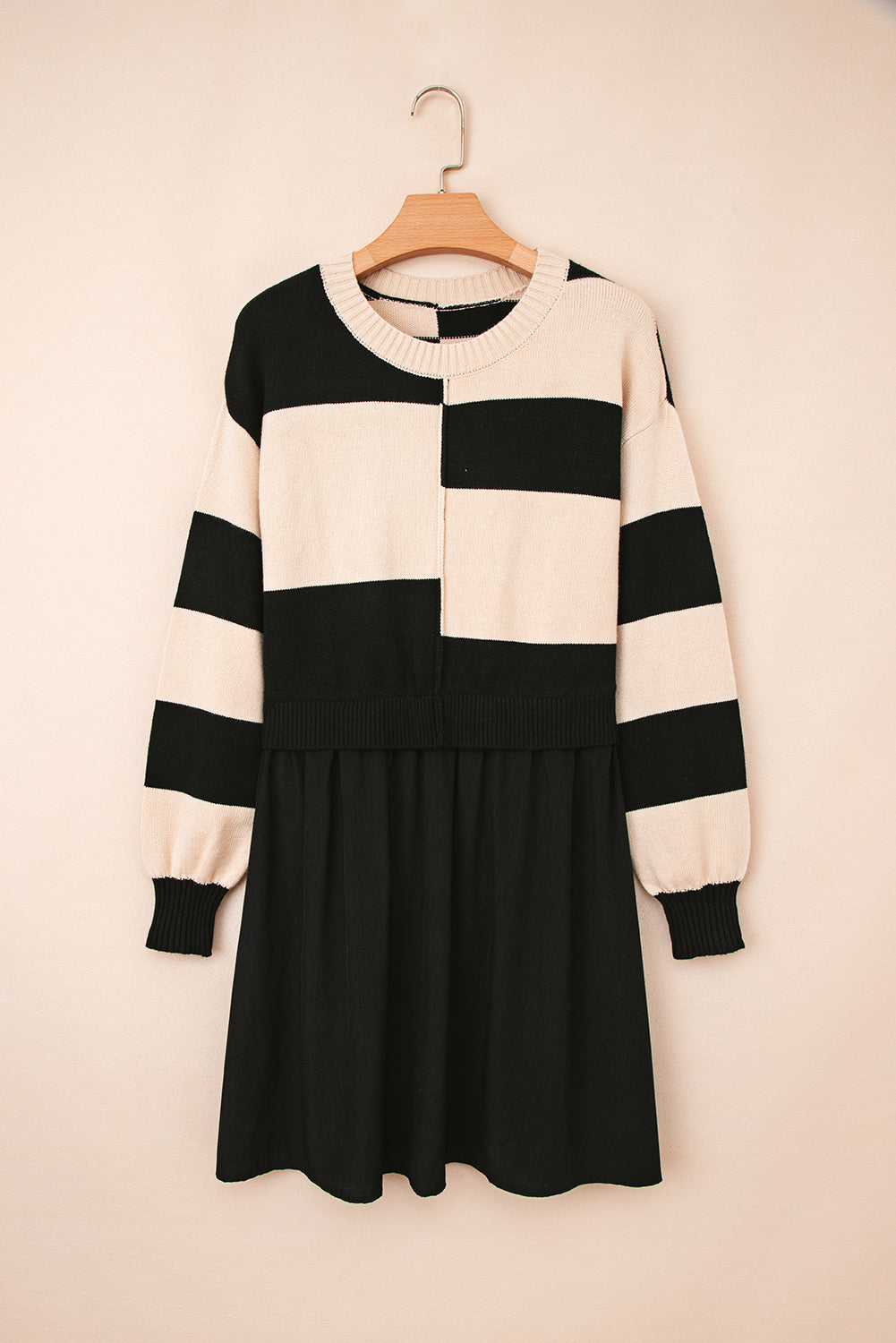 Black Stripe Two in One Knitted Top High Waist Splicing Hem Sweater Dress 🇺🇲