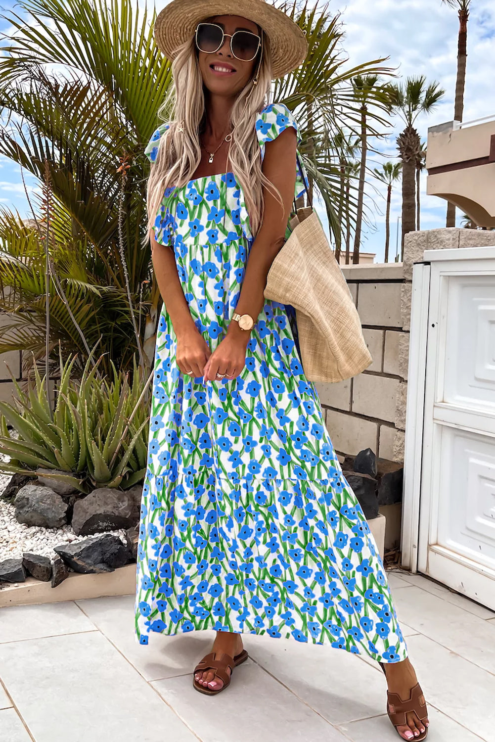Blue Floral Print Square Neck Ruffled Strap Maxi Dress 🇨🇳