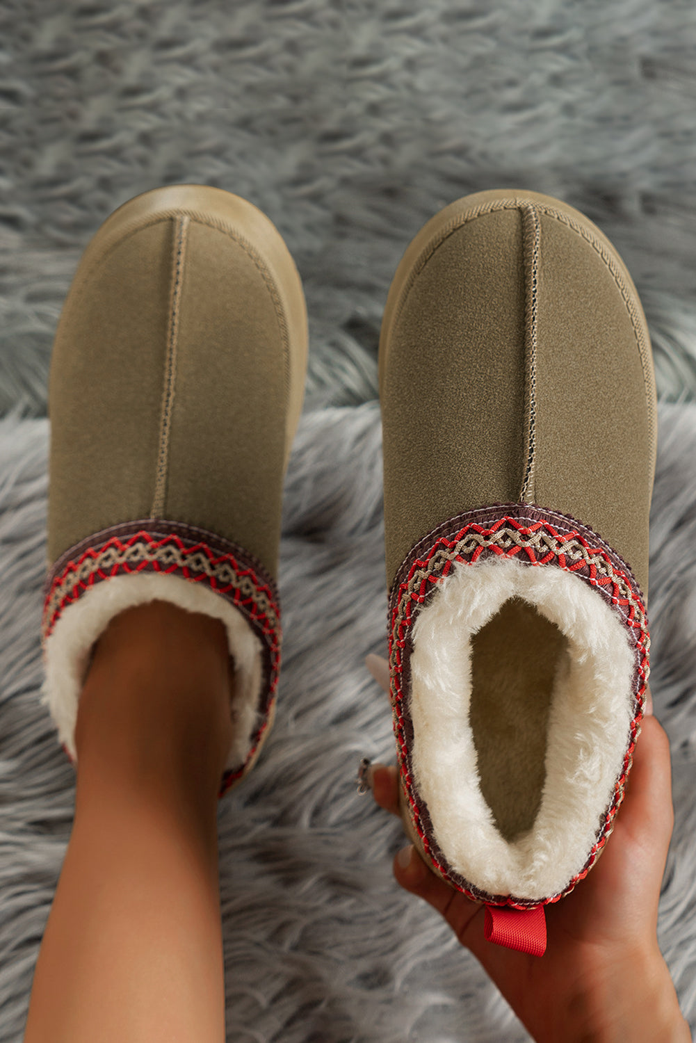 Sage Green Contrast Print Suede Plush Lined Boots/slippers 🇨🇳