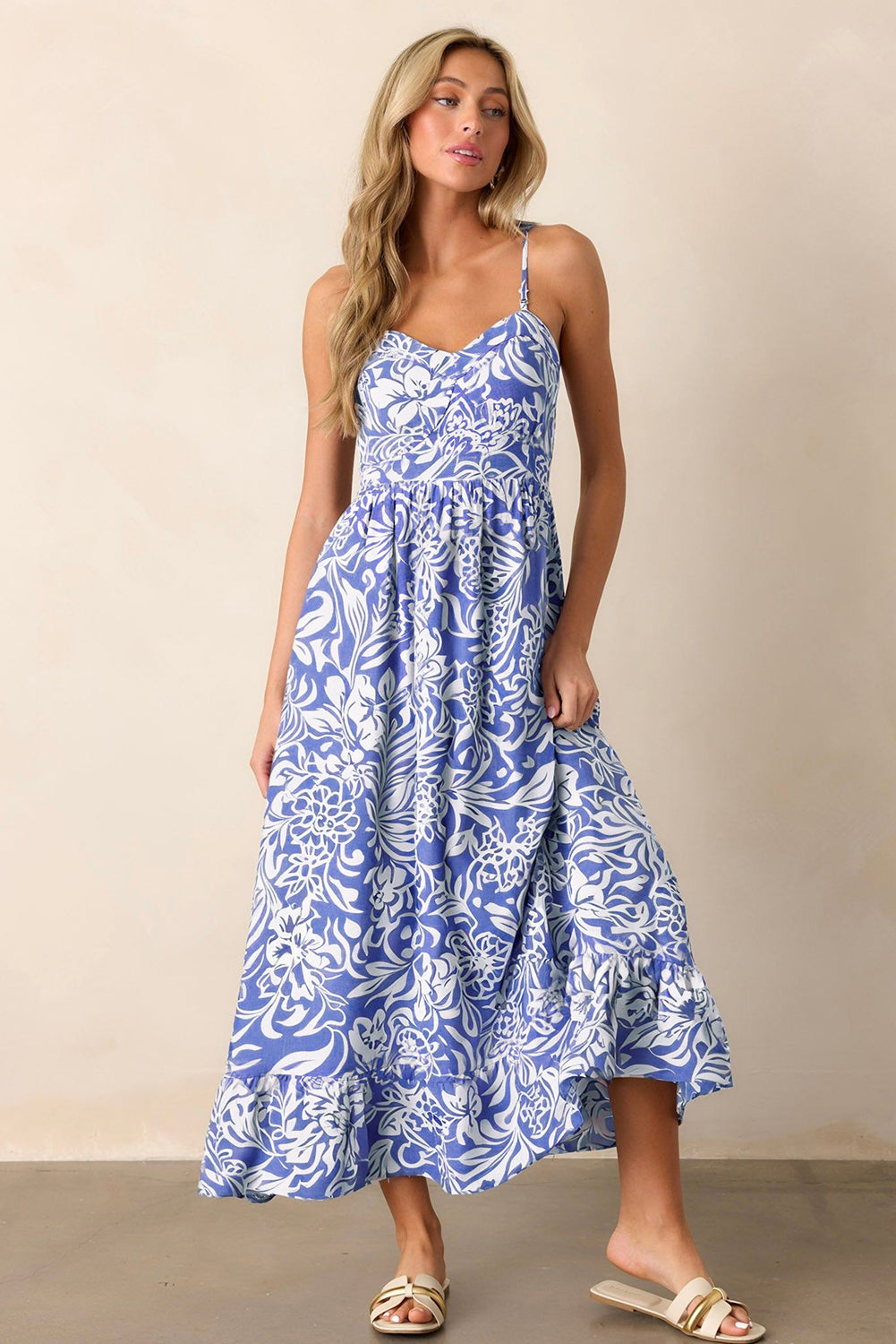 Sky Blue Floral Print Spaghetti Strap High Waist Maxi Dress 🇺🇸