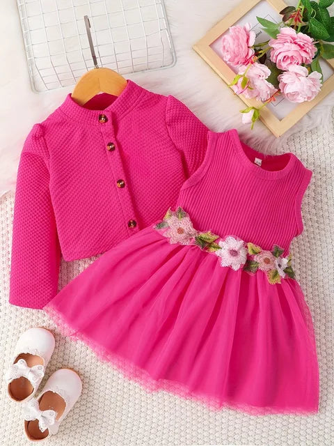 Baby girl waist flower design vest spliced mesh dress and jacket/Cardigan 🇨🇳
