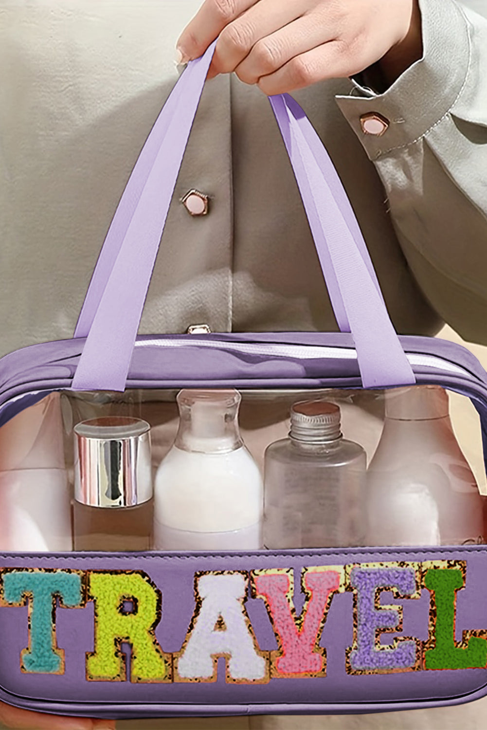 Purple TRAVEL Chenille Letter Clear PVC Makeup Bag 🇺🇲