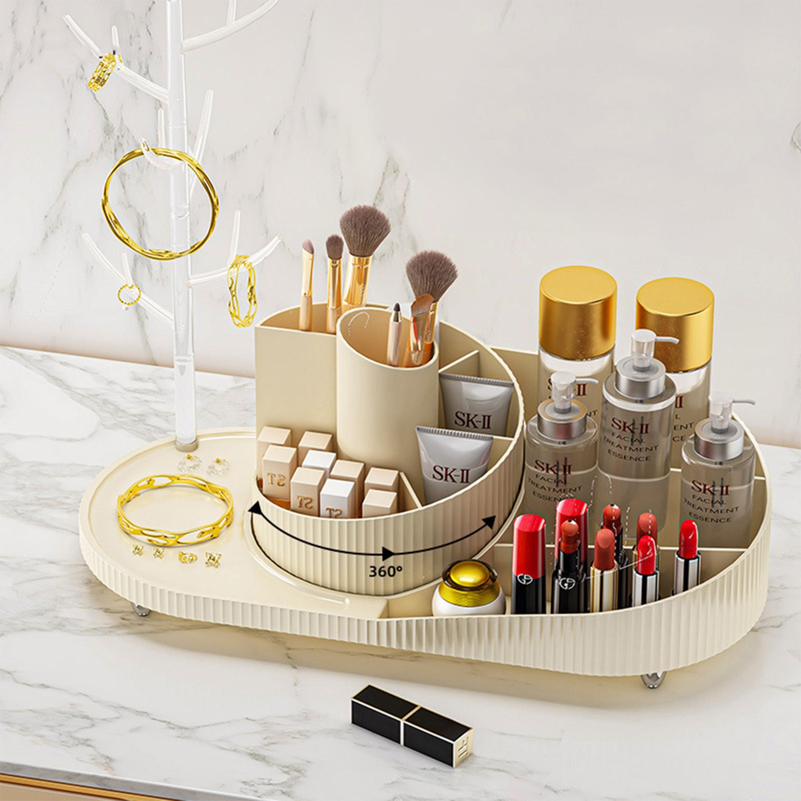 Rotating Makeup Organizer With Jewelry Storage  Large Capacity Cosmetic Display Case Holds 20 Brushes, 10 Lipsticks, 8 Skincare Products 360 Spinning Vanity Organizer For Countertop & Bathroom 🇨🇳