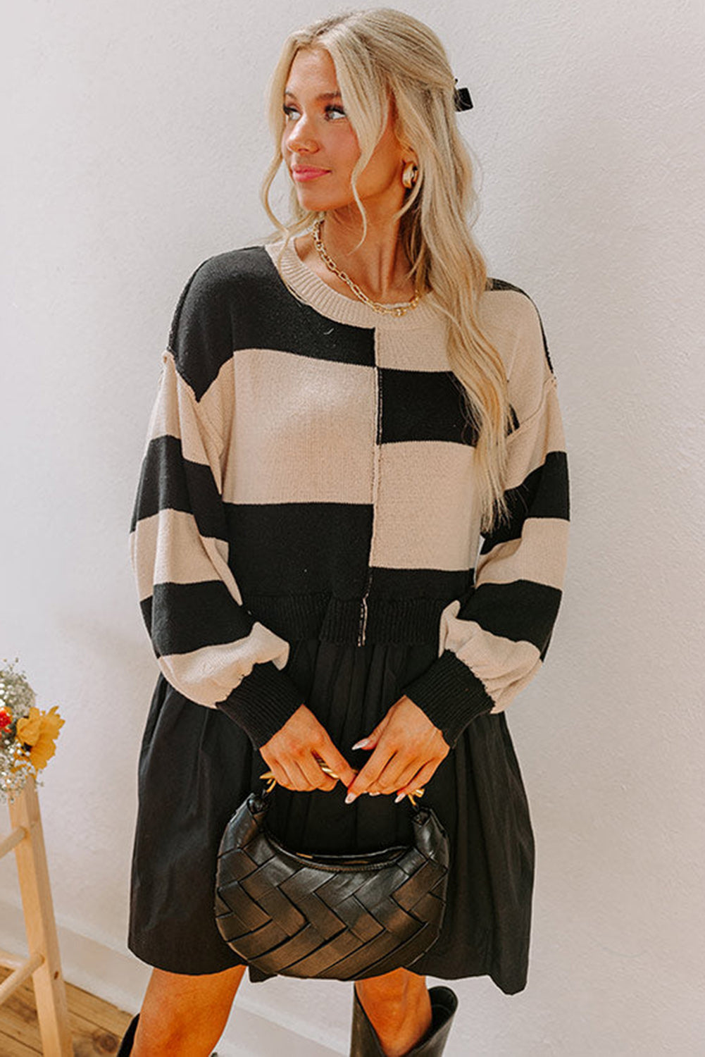 Black Stripe Two in One Knitted Top High Waist Splicing Hem Sweater Dress 🇺🇲