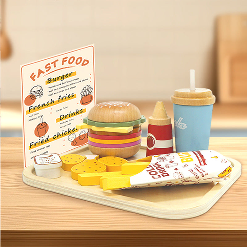 Children's play at home puzzle burger French fries wooden simulation sandwich kitchen wooden toy 🇨🇳