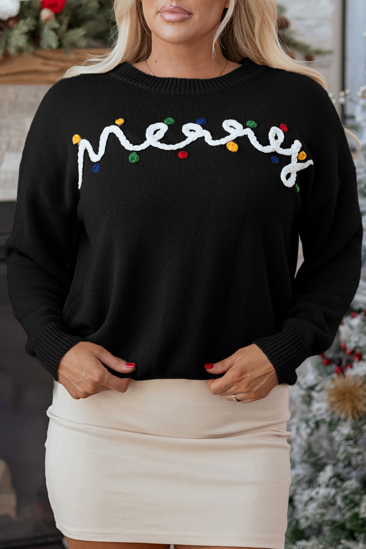 Black Merry Colorful Dot Detail Christmas Drop Shoulder Sweater 🇺🇸