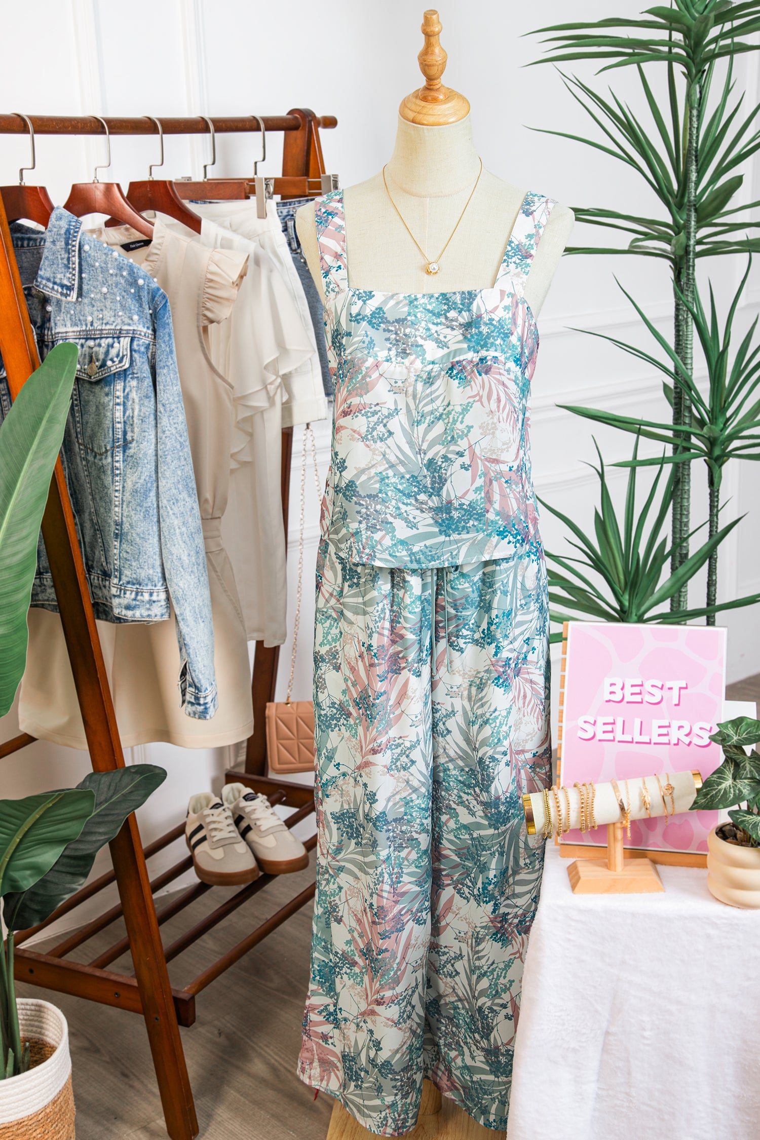 Green Tropical Palm Printed Cropped Tank Drawstring Wide Leg Pant Set 🇺🇸