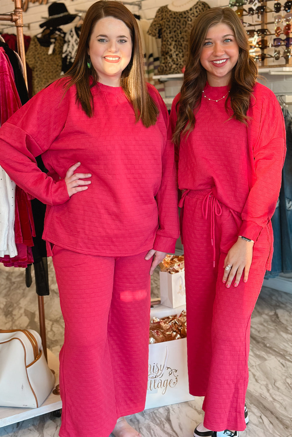 Strawberry Pink Checkered Textured Split Pullover Top and Pants Set 🇺🇸