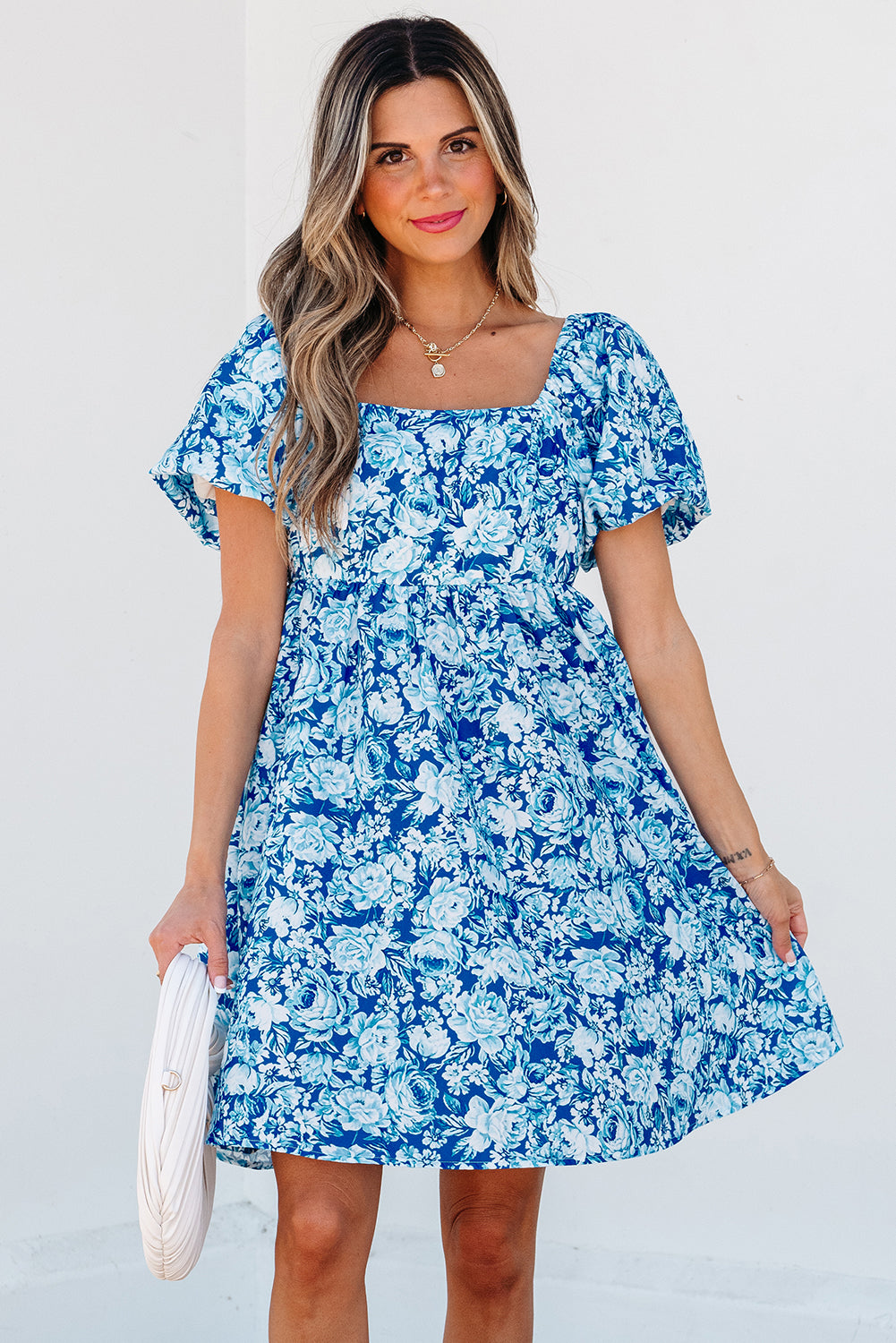 Blue Floral Puff Sleeve Babydoll Mini Dress 🇺🇸