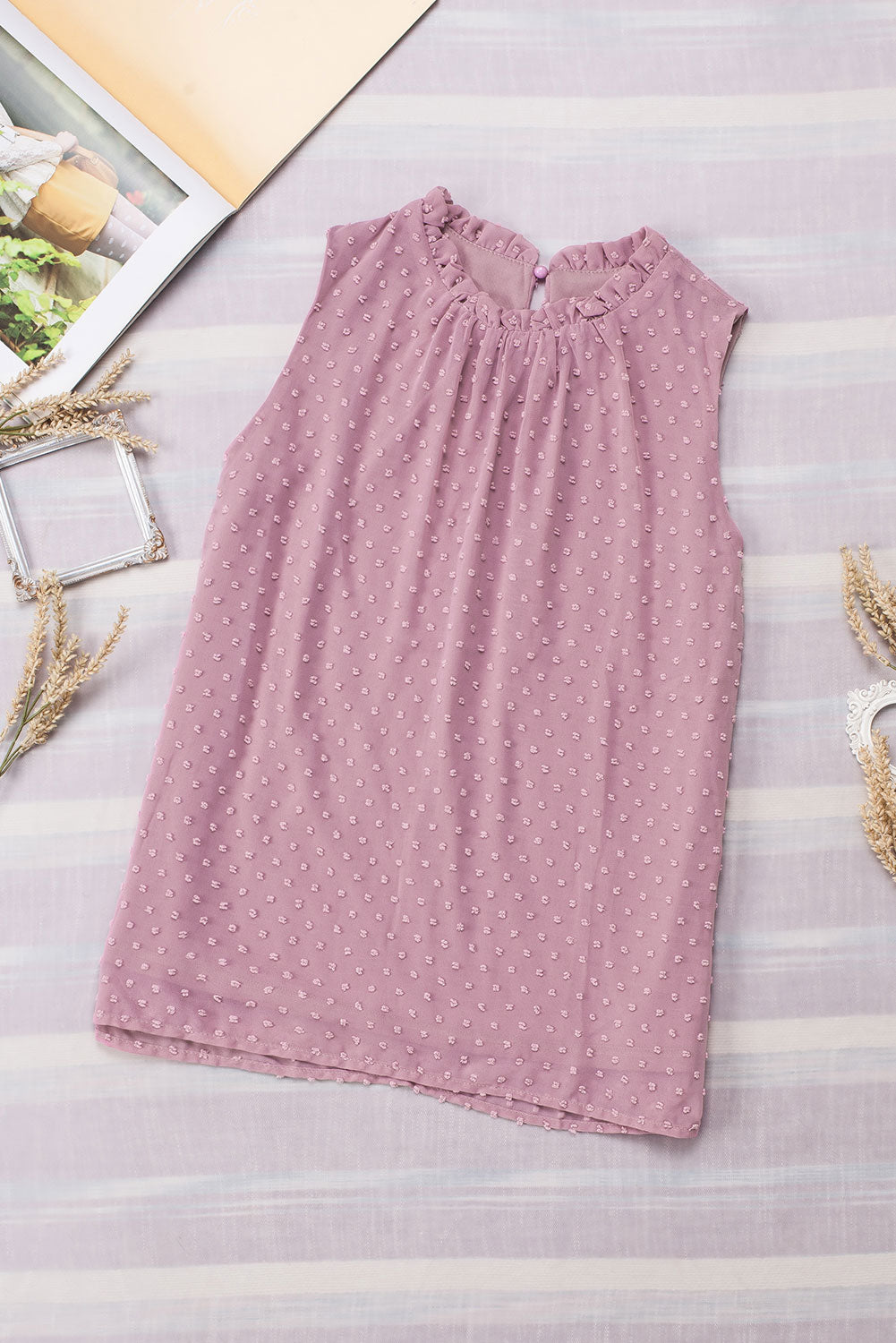 Pink Swiss Dot Sleeveless Ruffle Tank 🇺🇸