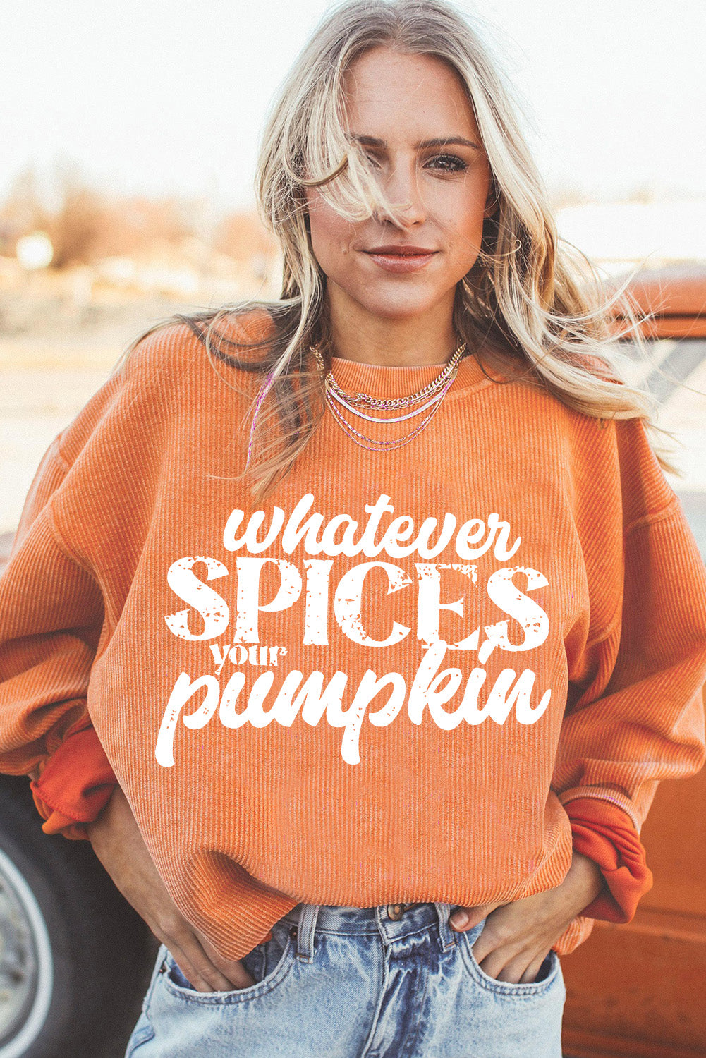 Orange Whatever Spices Your Pumpkin Graphic Corded Pullover Sweatshirt 🇺🇸