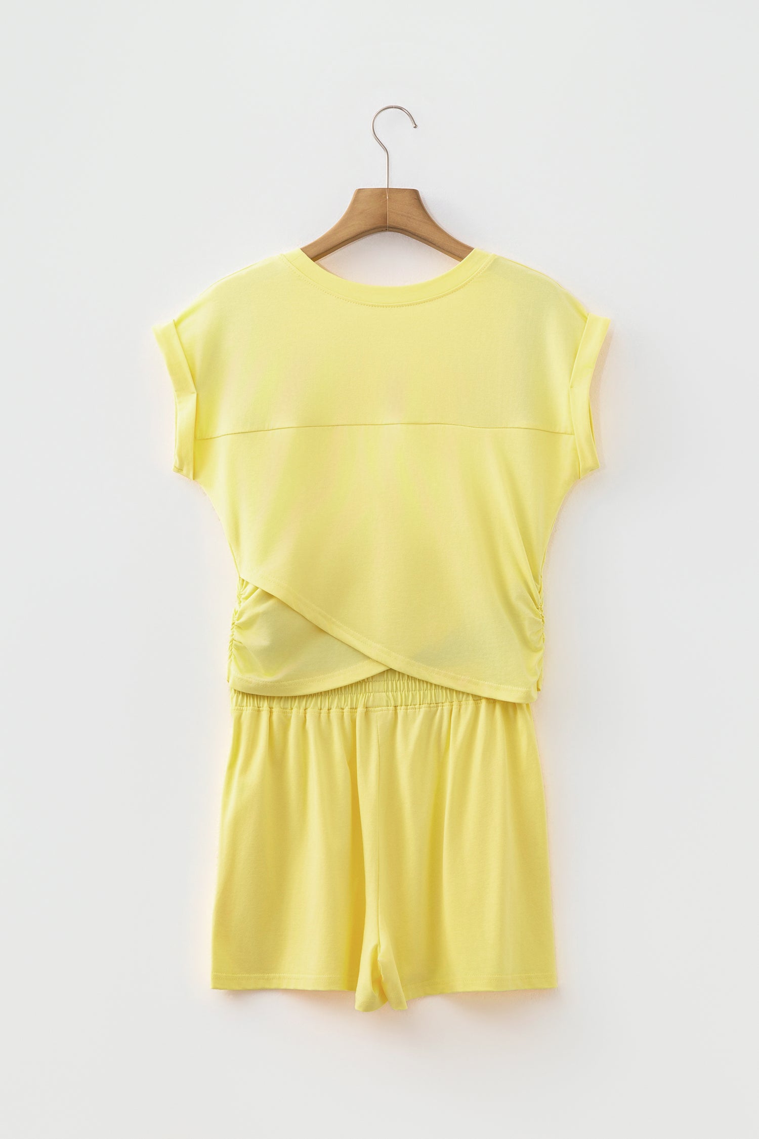 Mist Blue Solid Short Sleeve Elastic Waist Pocket Casual Two Piece Short Set 🇺🇸