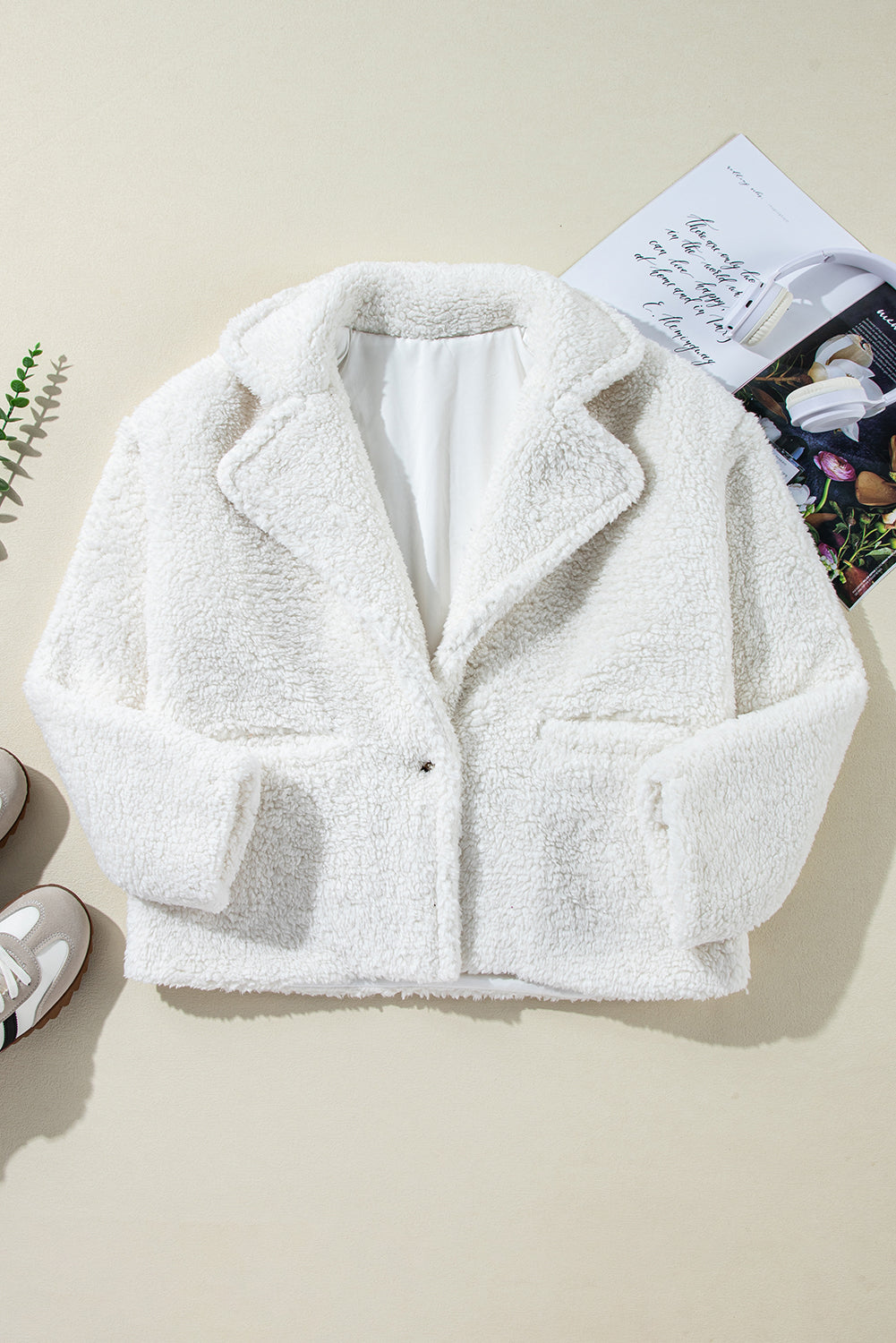 Beige Faux Fur Button Pocketed Lapel Collar Jacket 🇺🇲