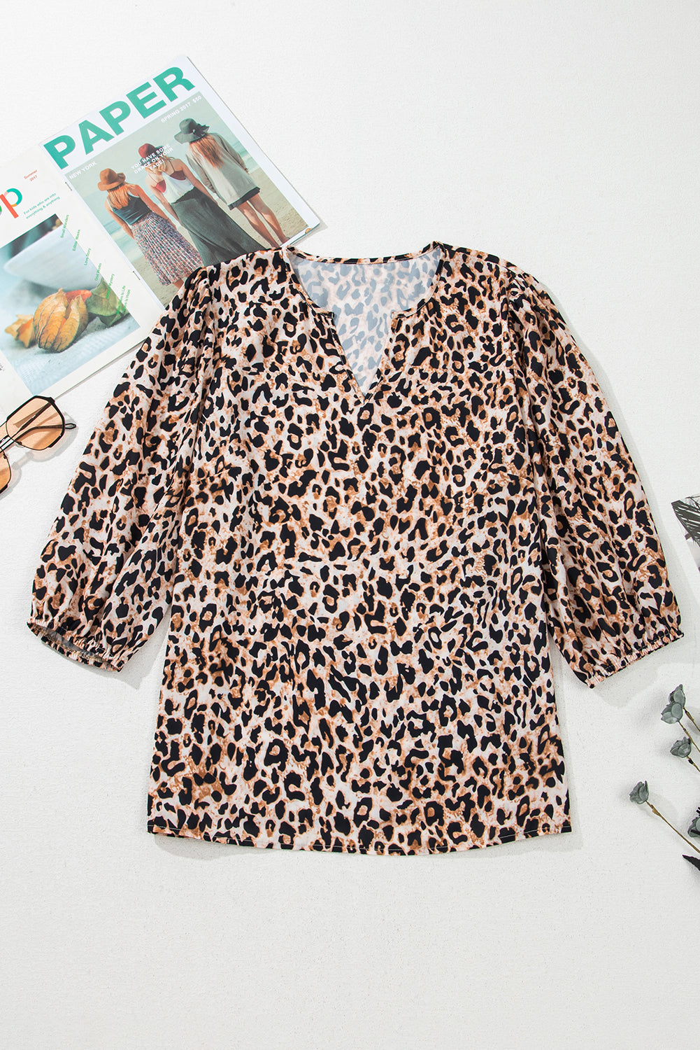 Apricot Leopard V Neck Half Sleeve Blouse 🇨🇳