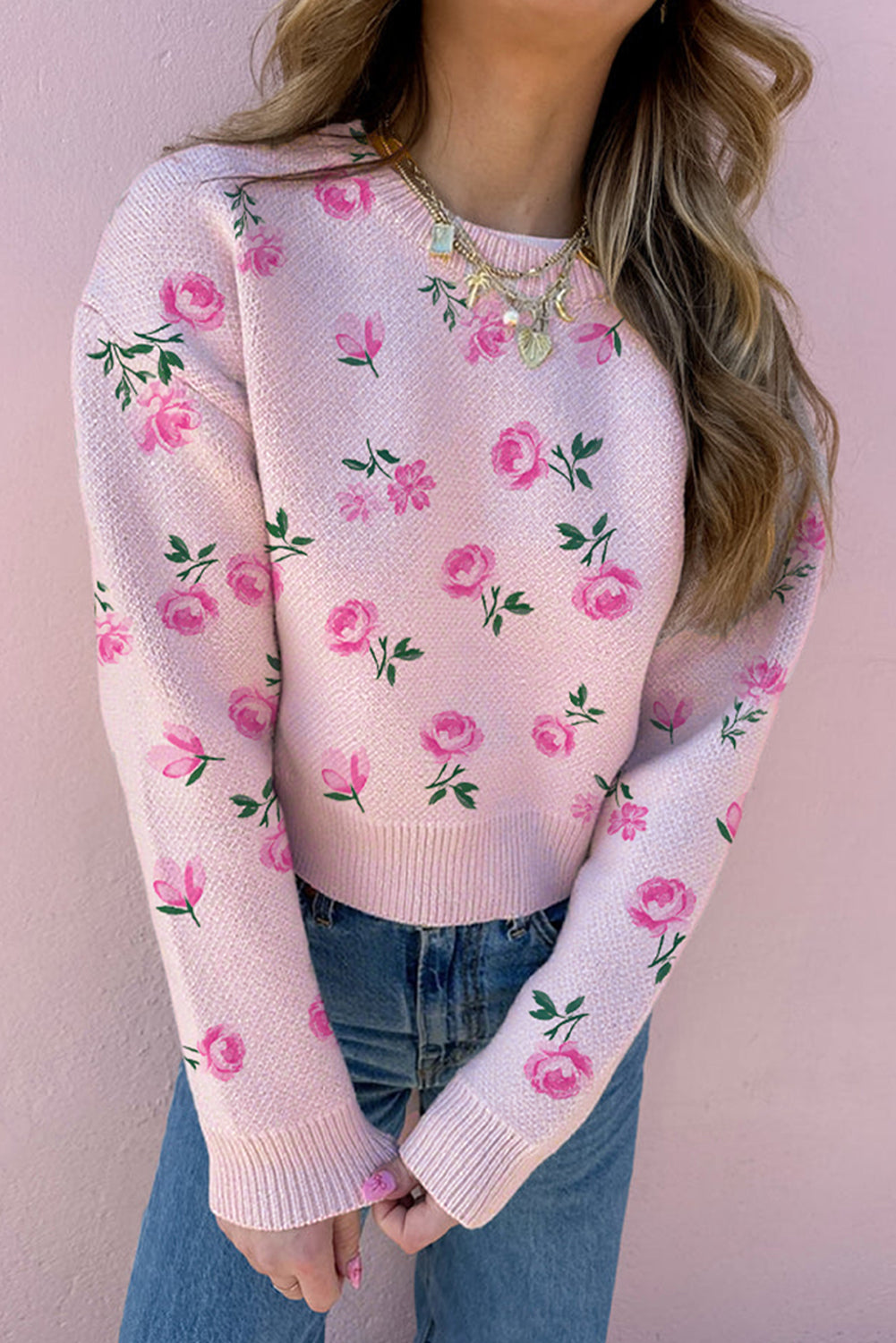 Delicacy Sweet Floral Print Drop Shoulder Cropped Sweater 🇺🇸