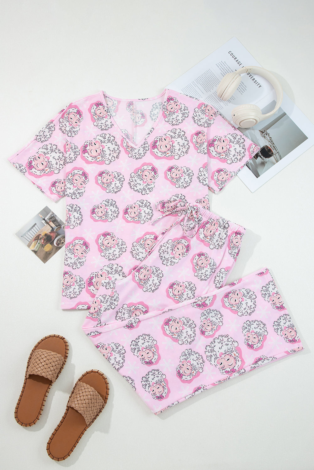 Pink Santa Claus Print V Neck Tee Drawstring Pants 2pcs Lounge Set 🇺🇸