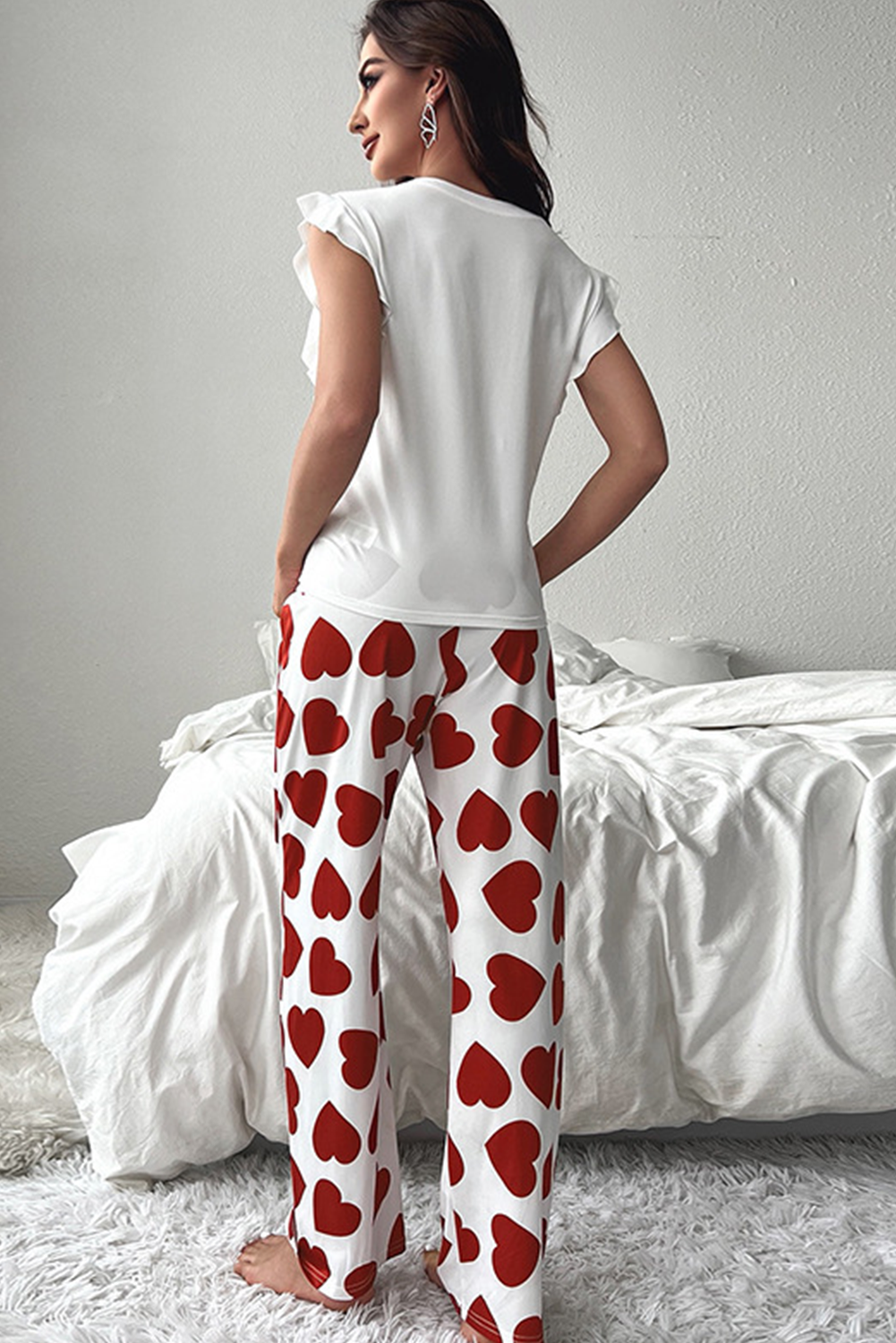 Red Ruffled Tank Top And Heart Print Pants Lounge Set 🇺🇲