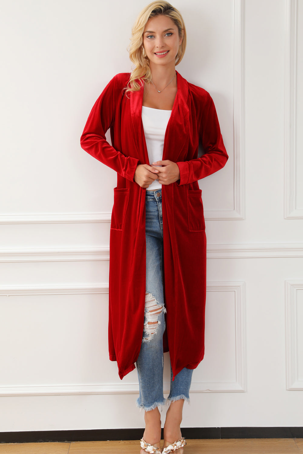 Fiery Red Velvet Open Front Pocketed Long Duster 🇨🇳