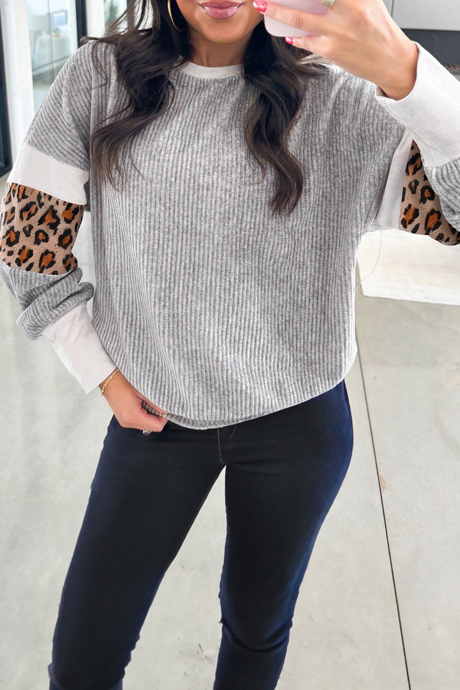 Gray Leopard Print Colorblock Patchwork Ribbed Knit Top 🇺🇸