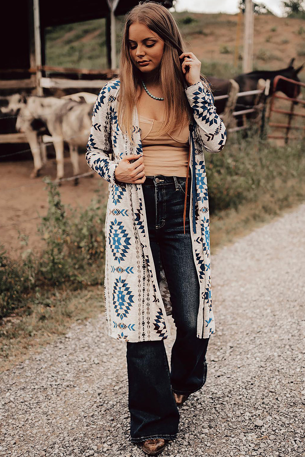 Sky Blue Western Aztec Printed Open Front Long Cardigan 🇺🇲